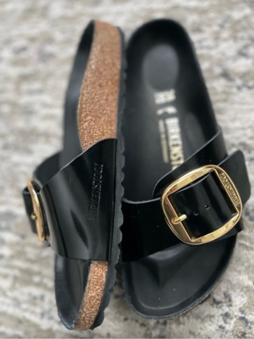 Birkenstock Black Patent Madrid Sandals with Gold Buckles